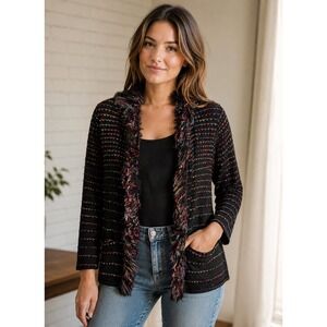 Vintage Brenda French Trends Black Fringe Trim Open Cardigan Sweater USA S